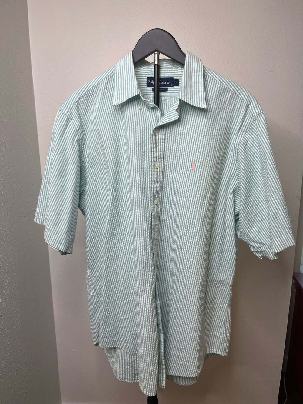 Ralph Lauren Green and White Striped Seersucker Short Sleeve Button Down Shirt X